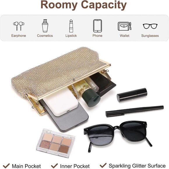 🆕Women Gold Polyester Crystal Rhinestone Evening Clutch Purse Crossbody Handbag - Picture 4 of 7